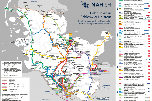 Graphische Darstellung der Bahnlinien in Schleswig-Holstein. Angezeigt wird eine Übersichtskarte des Bundeslandes Schleswig-Holstein mit den Linien in unterschiedlichen Farben.